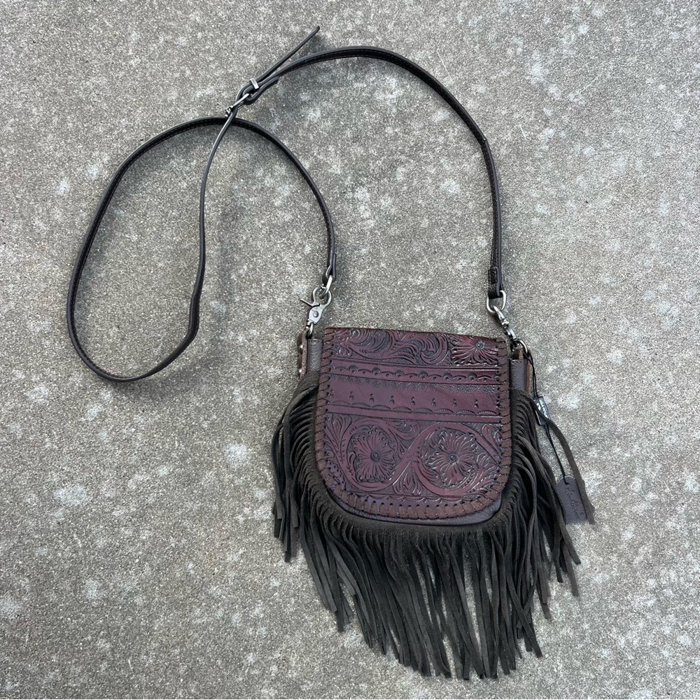MONTANA WEST 100% Brown Leather Tooled Fringe Crossbody Purse Boho
